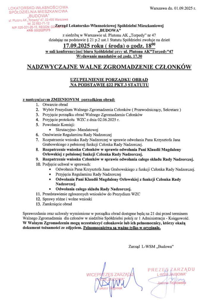 Zawiadomienie o NWZC - aktualizacja porządku obrad - 17.09.2025