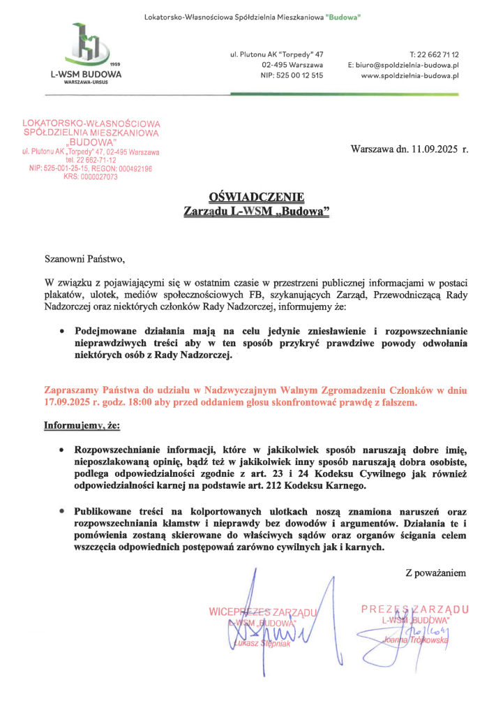Oświadczenie Zarządu L-WSM „Budowa”