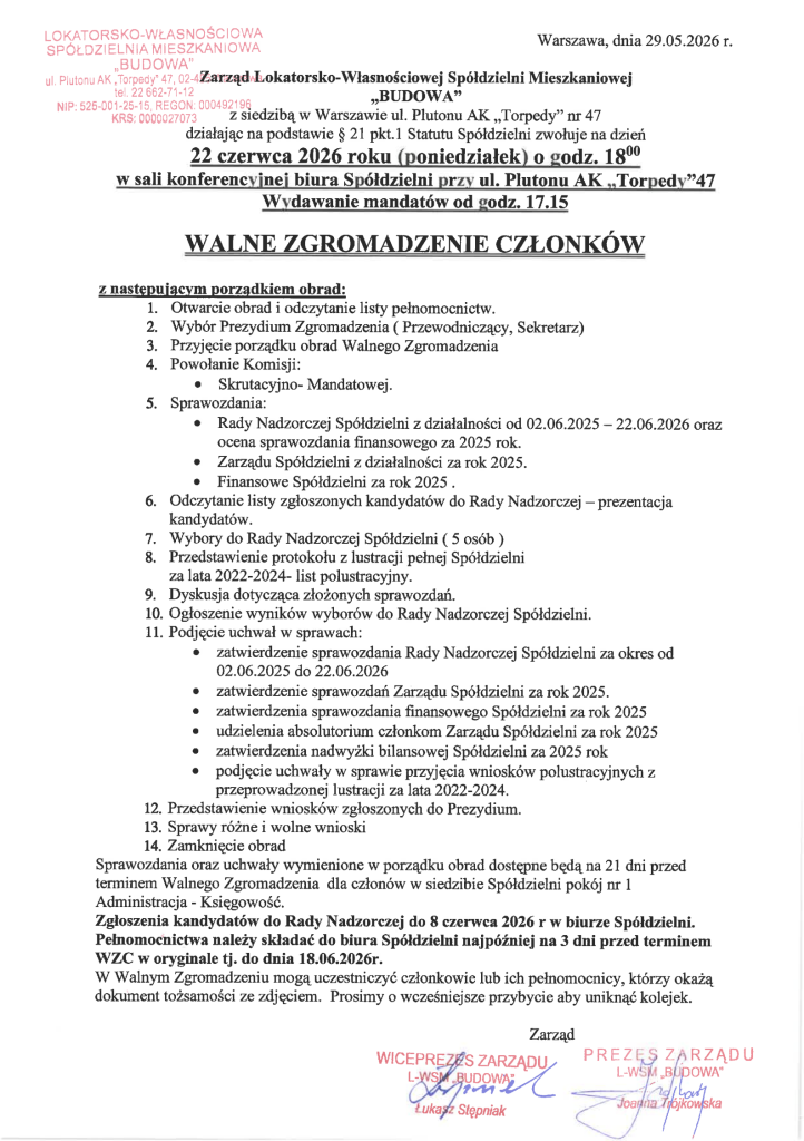 Walne Zgromadzenie Członków - 22.06.2026